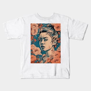 Vintage Rose Blossoms Japanese Woodblock Maple Streetwear Hipster Asian Inspired Retro Manga Samurai Daphne. Kids T-Shirt